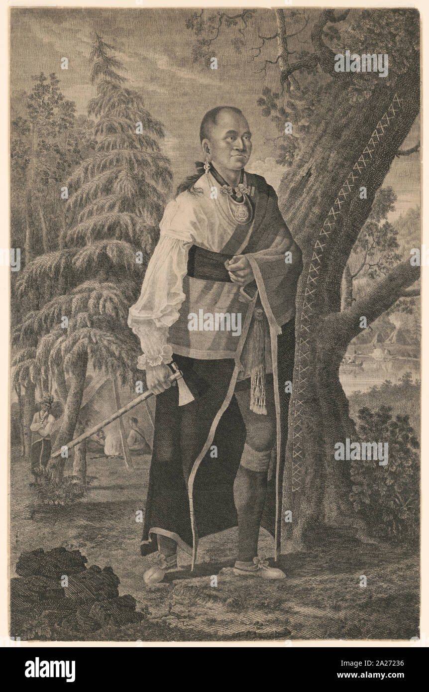 Ritratto di Hendrick, Mohawk chief, a lunghezza intera azienda permanente tomahawk con scena di camp in background Foto Stock