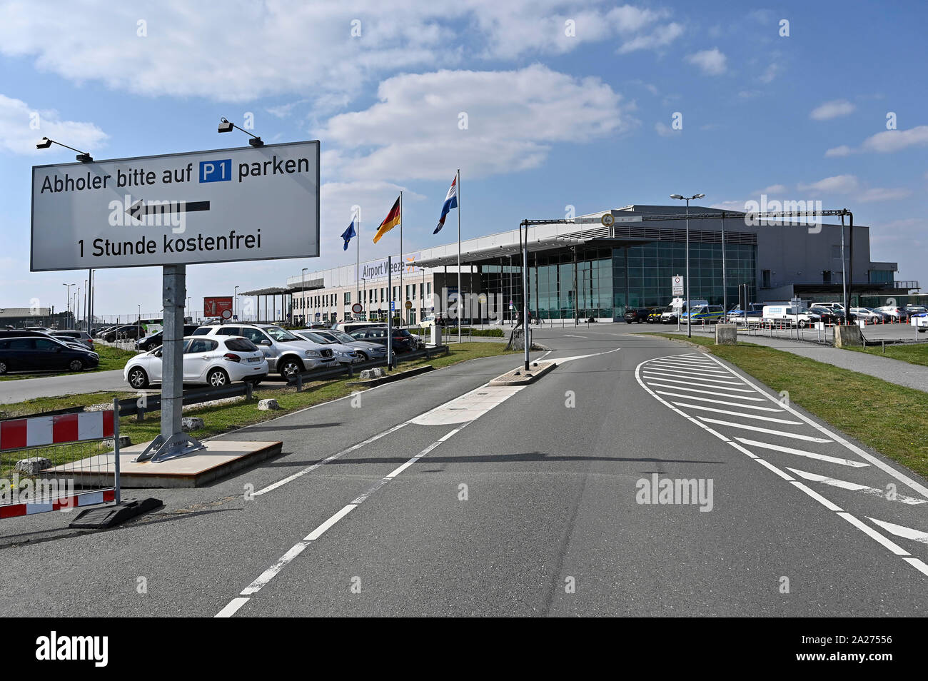11.04.2019, Weeze, Renania settentrionale-Vestfalia, Germania - Aeroporto di Weeze, il quale è utilizzato il 90 percento circa dalla compagnia aerea irlandese Ryanair che lo chiama Duesse Foto Stock