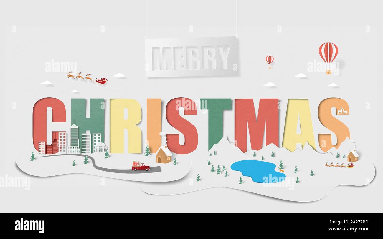 Buon Natale sfondo del paesaggio in carta tagliata stile. Illustrazione Vettoriale celebrazione di Natale con il paesaggio urbano e rurale. Illustrazione Vettoriale