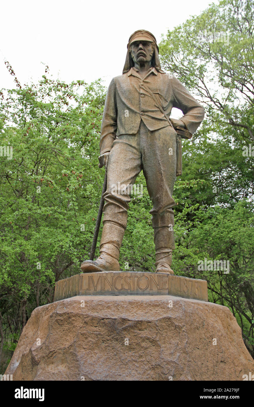 Statua del David Livingstone, Mosi-Oa-Tunya National Park, Victoria Falls, Zimbabwe. Foto Stock