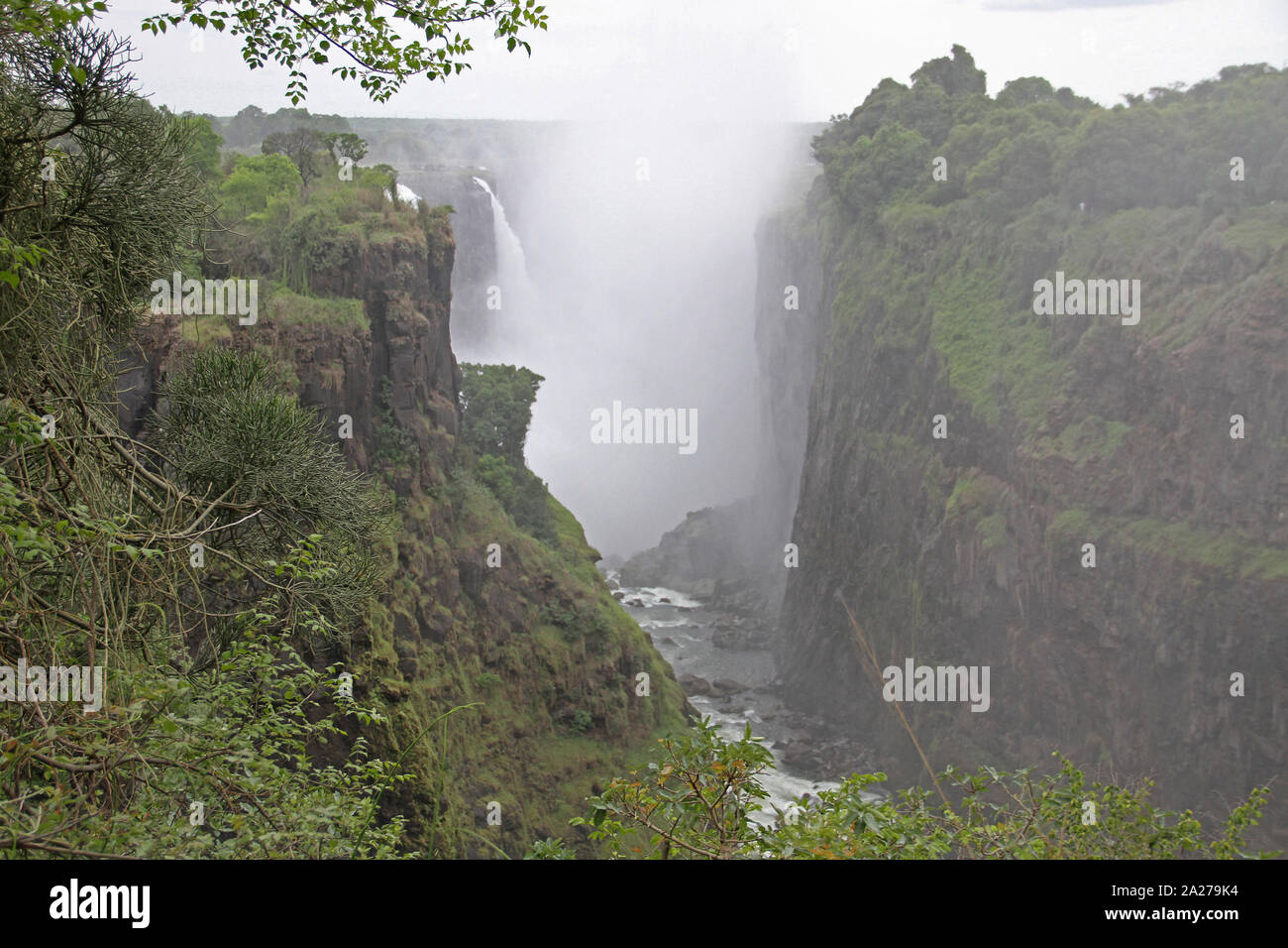 Vista attraverso la valle che conduce a Victoria Falls e le cascate, Zimbabwe. Foto Stock