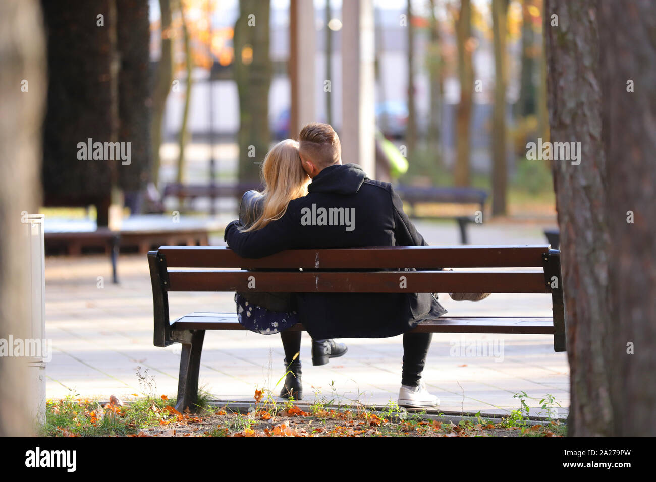 Matura in amore su una panchina nel parco Foto Stock