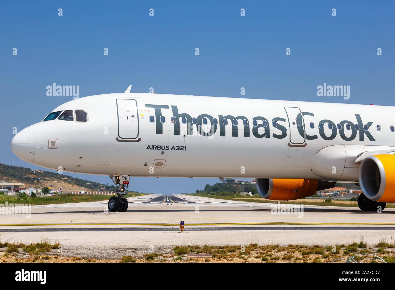 Skiathos, Grecia - 31 Luglio 2019: Thomas Cook Airbus A321 a Skiathos aeroporto (JSI) in Grecia. | Utilizzo di tutto il mondo Foto Stock