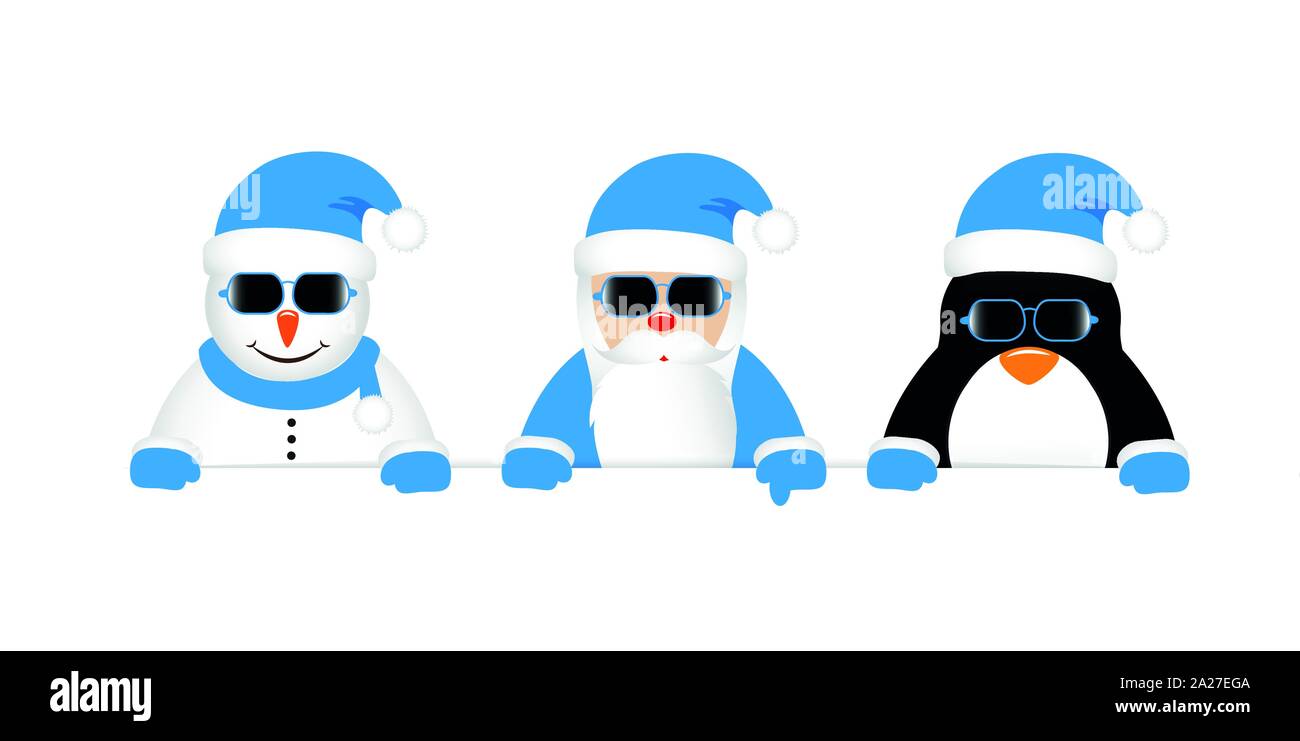 Pupazzo di neve fresca santa e penguin cartoon con occhiali da sole in blu vestiti illustrazione vettoriale EPS10 Illustrazione Vettoriale