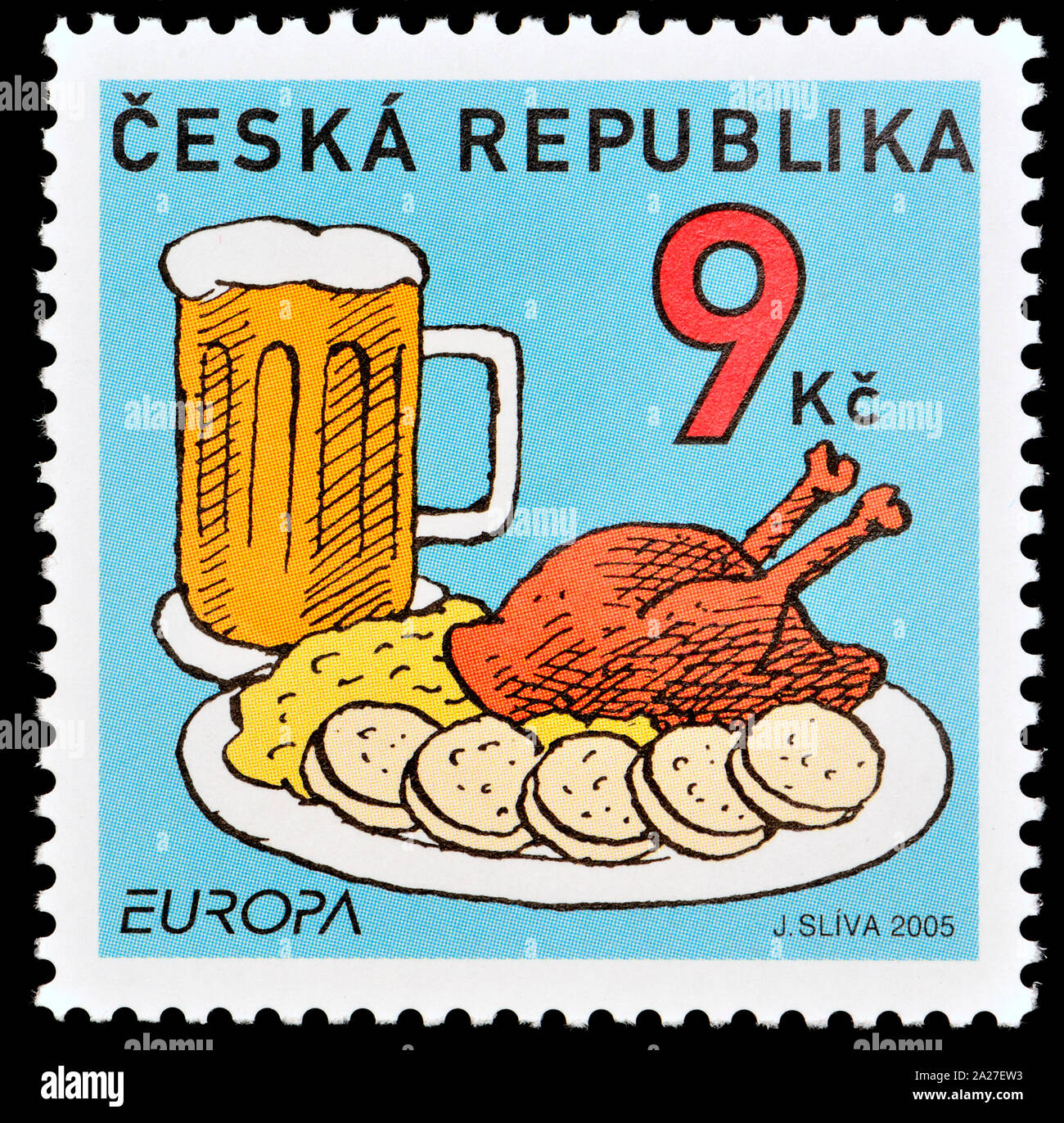 Repubblica ceca francobollo (2005) - cibo ceco: pollo, gnocchi e birra Foto Stock