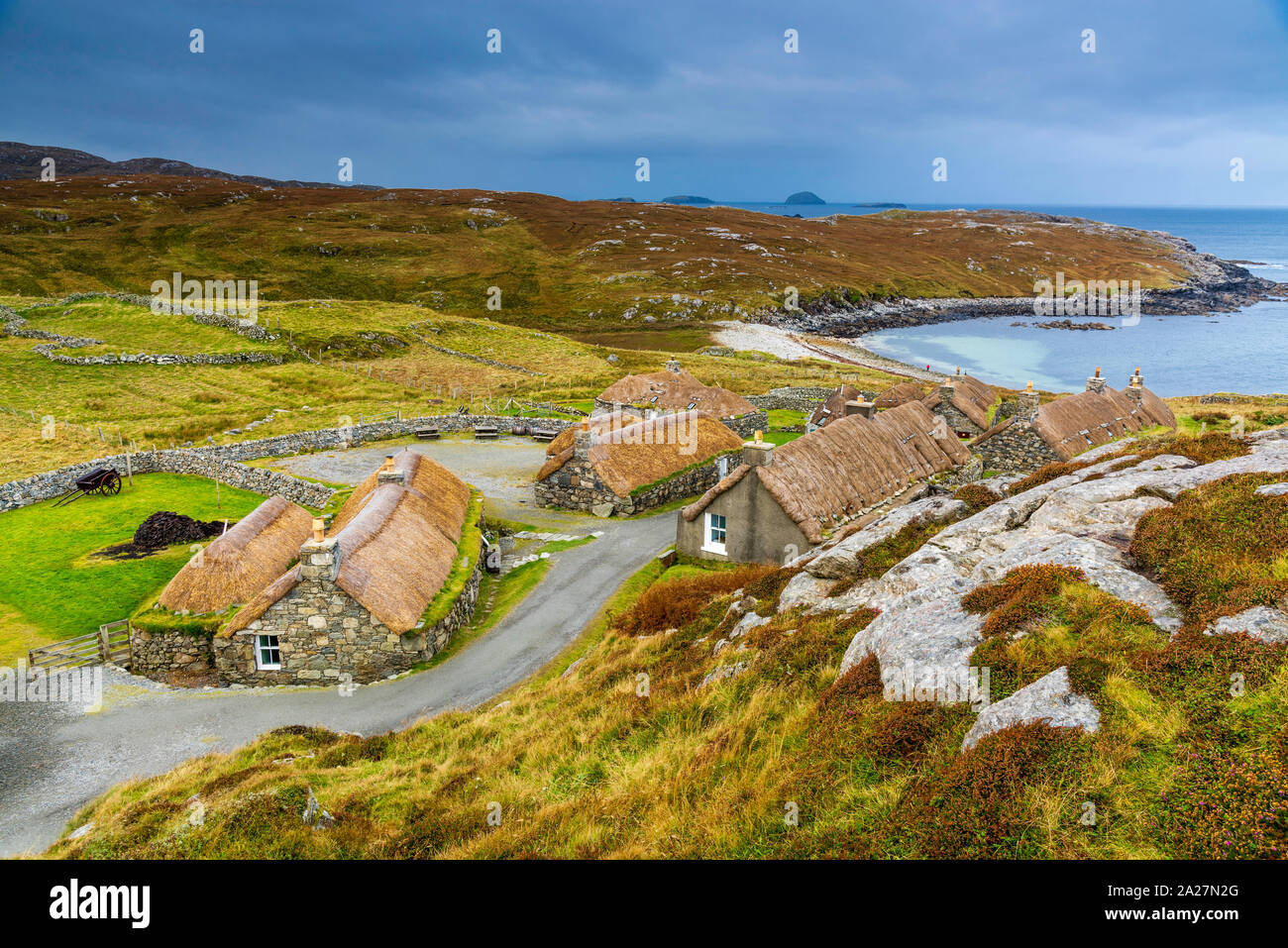 Gearrannan Blackhouse Villaggio sull'isola di Lewis, Scotland, Regno Unito Foto Stock