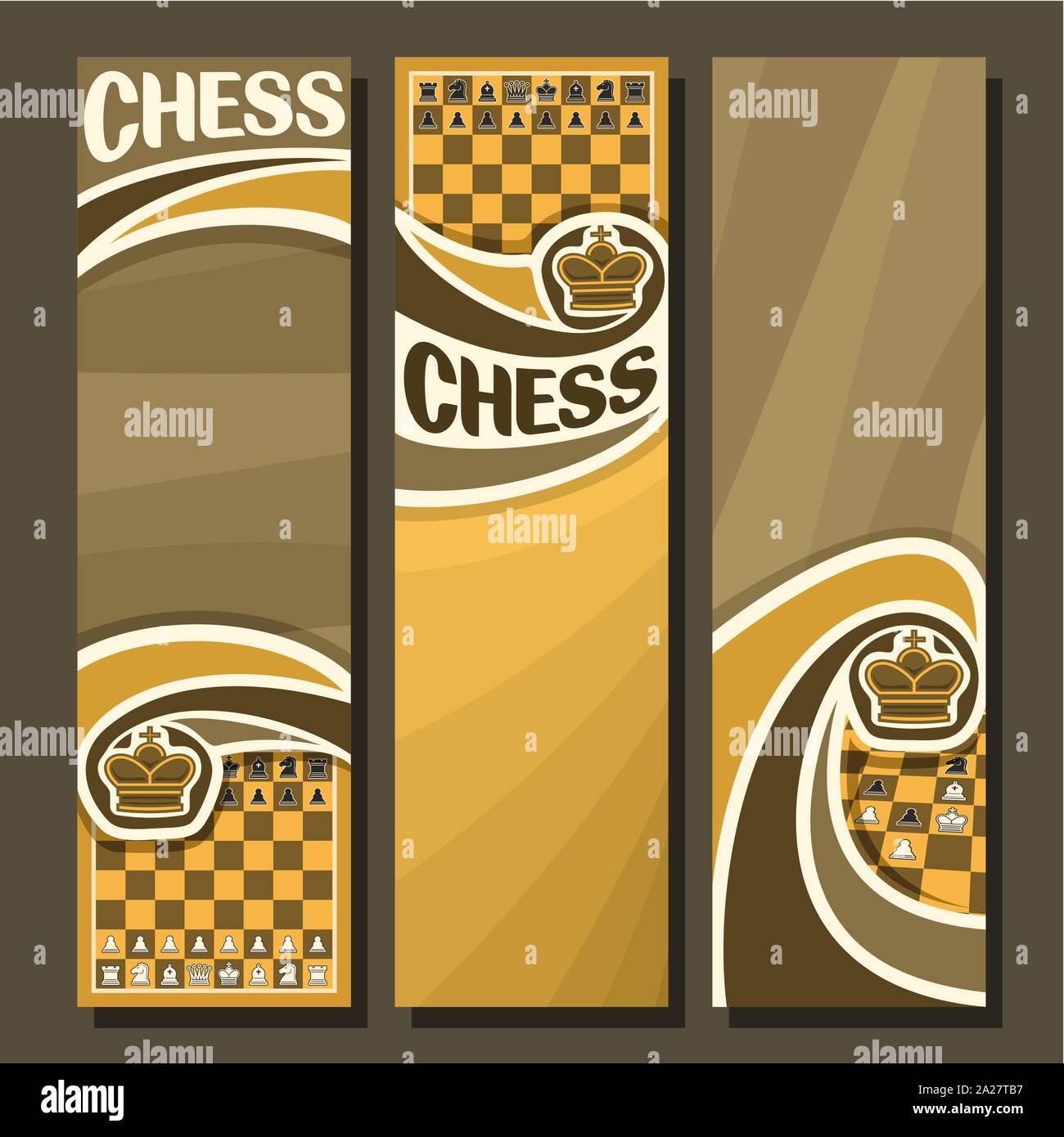 Set di vettore di Banner verticale per la partita a scacchi con copia di spazio nel layout giallo e marrone sfondo curvo per il testo del titolo sul tema degli scacchi, handwr originale Illustrazione Vettoriale