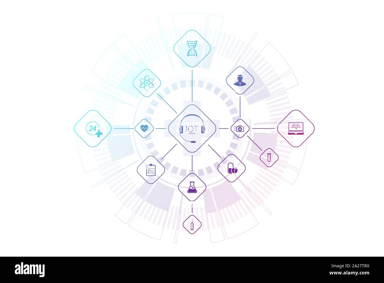 Concetto medico Internet delle cose (IOT) e i prodotti farmaceutici in background. Il commercio mondiale di preparazioni farmaceutiche, attività farmacologica Illustrazione Vettoriale