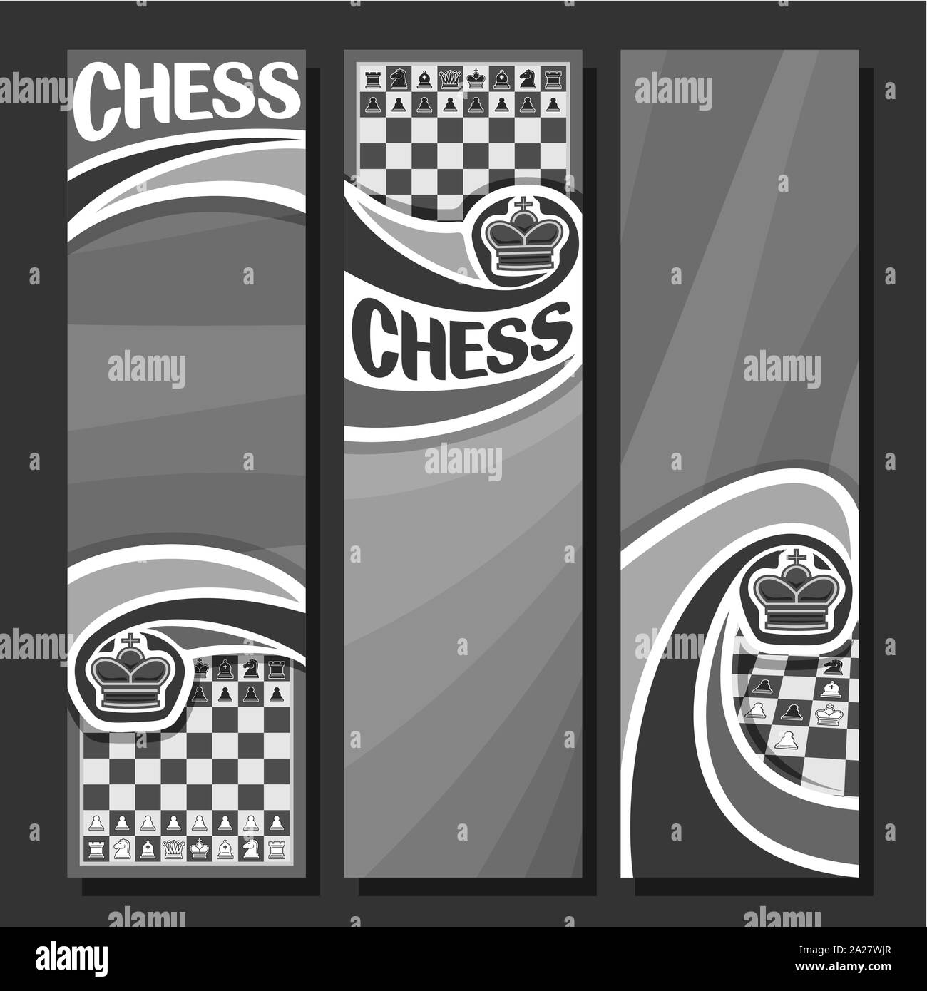 Set di vettore di verticale banner in bianco e nero per il gioco degli scacchi, nel formato bianco e nero sfondo curvo per il testo del titolo sul tema degli scacchi, handwritte originale Illustrazione Vettoriale