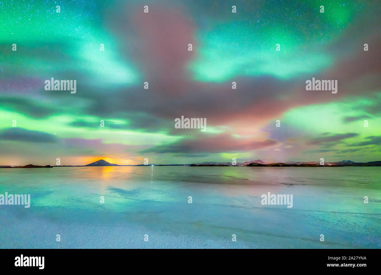 Aurora Boreale, Lago Myvatn, Islanda Foto Stock