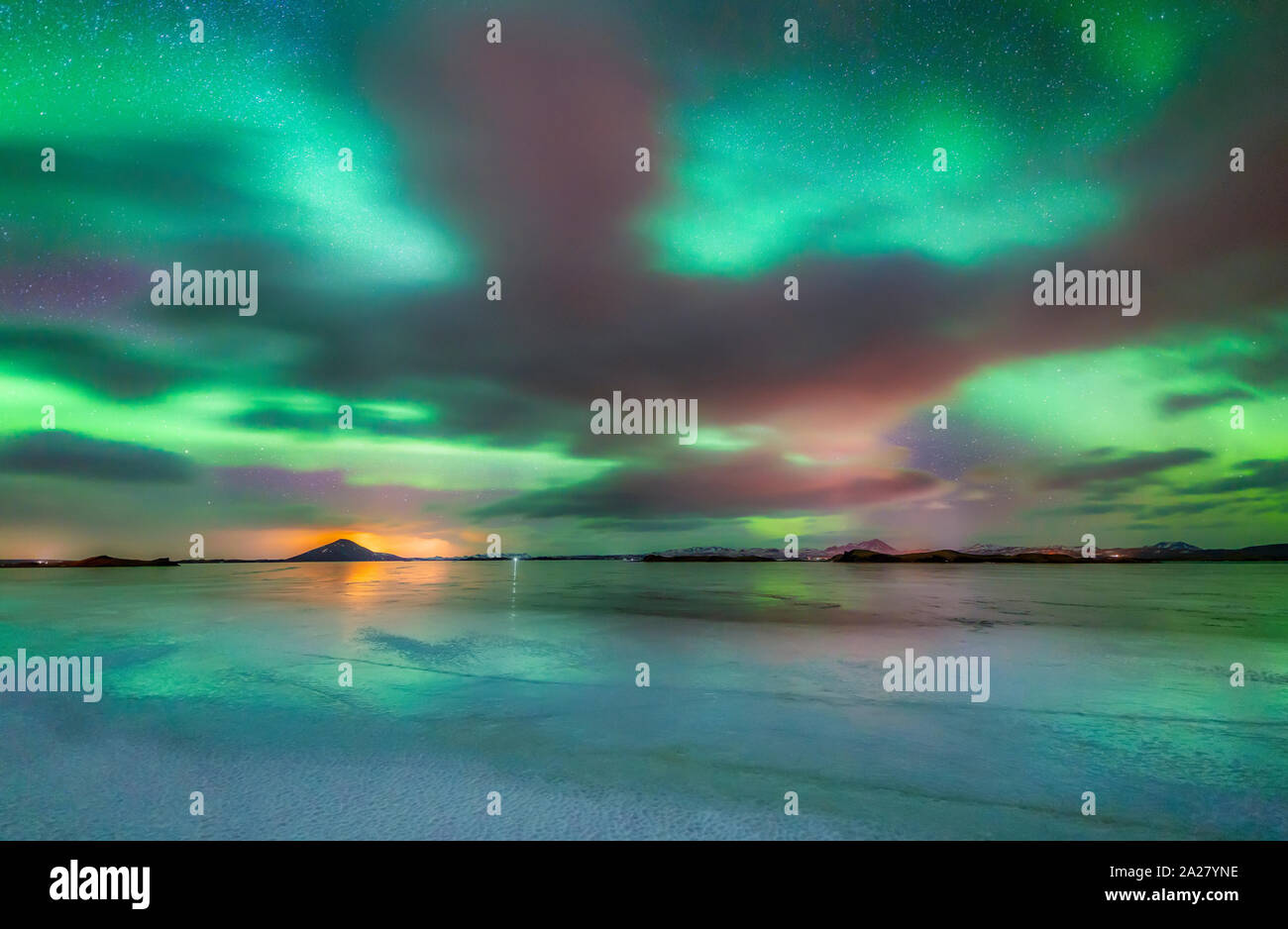 Aurora Boreale, Lago Myvatn, Islanda Foto Stock