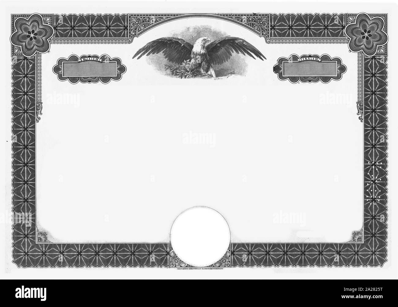 Blank certificato azionario a bordo nero telaio effetti vintage 70 megapixel Foto Stock