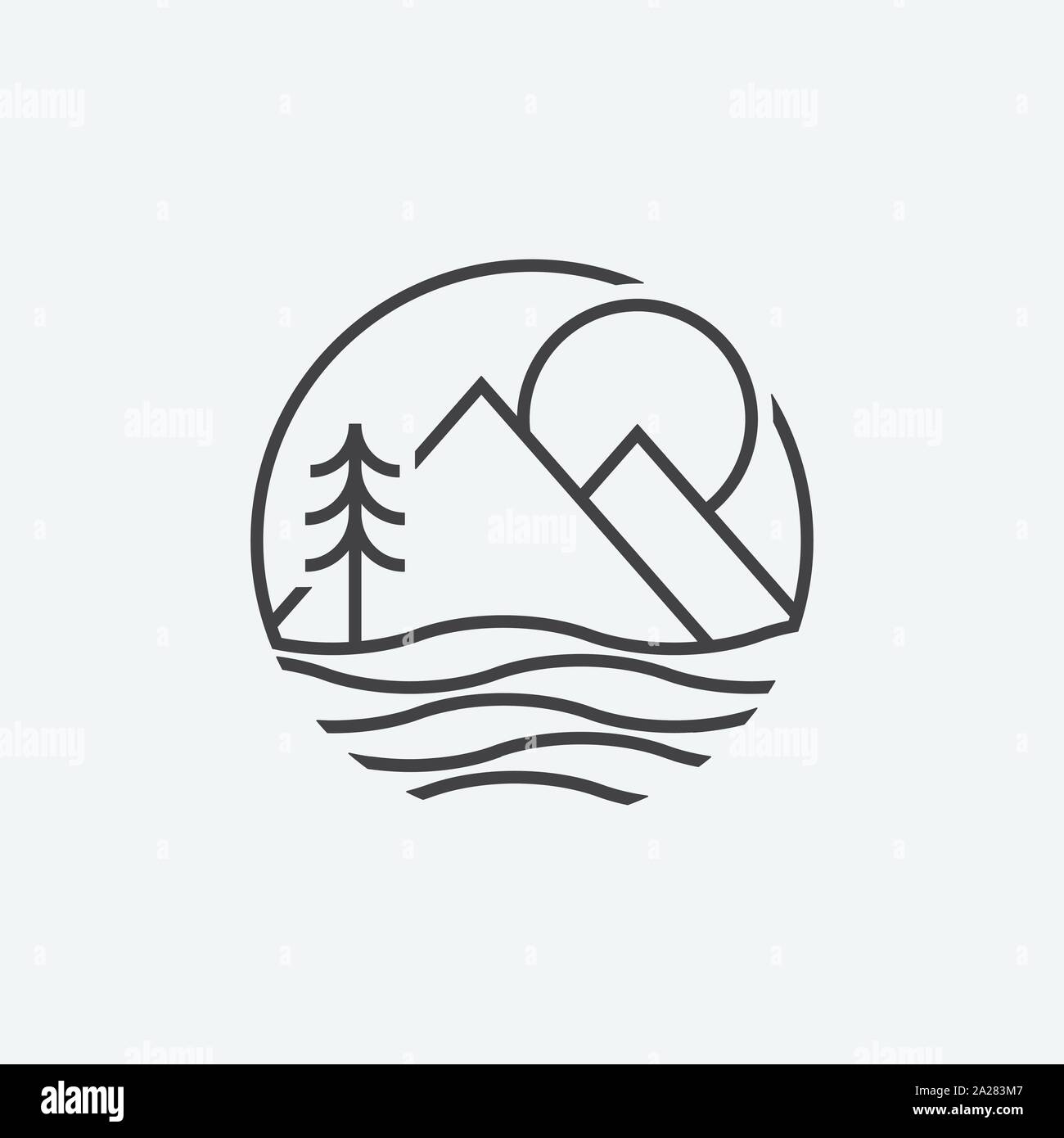 Lago logo circolare icona, vita lacustre illustratation, lago icona lineare design, icona di montagna, icona dell'acqua Illustrazione Vettoriale
