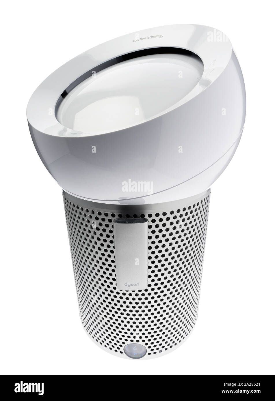 Dyson ventola interna. Dispositivo di raffreddamento di design in alluminio spazzolato. Designer di prodotto di uso domestico. Foto Stock