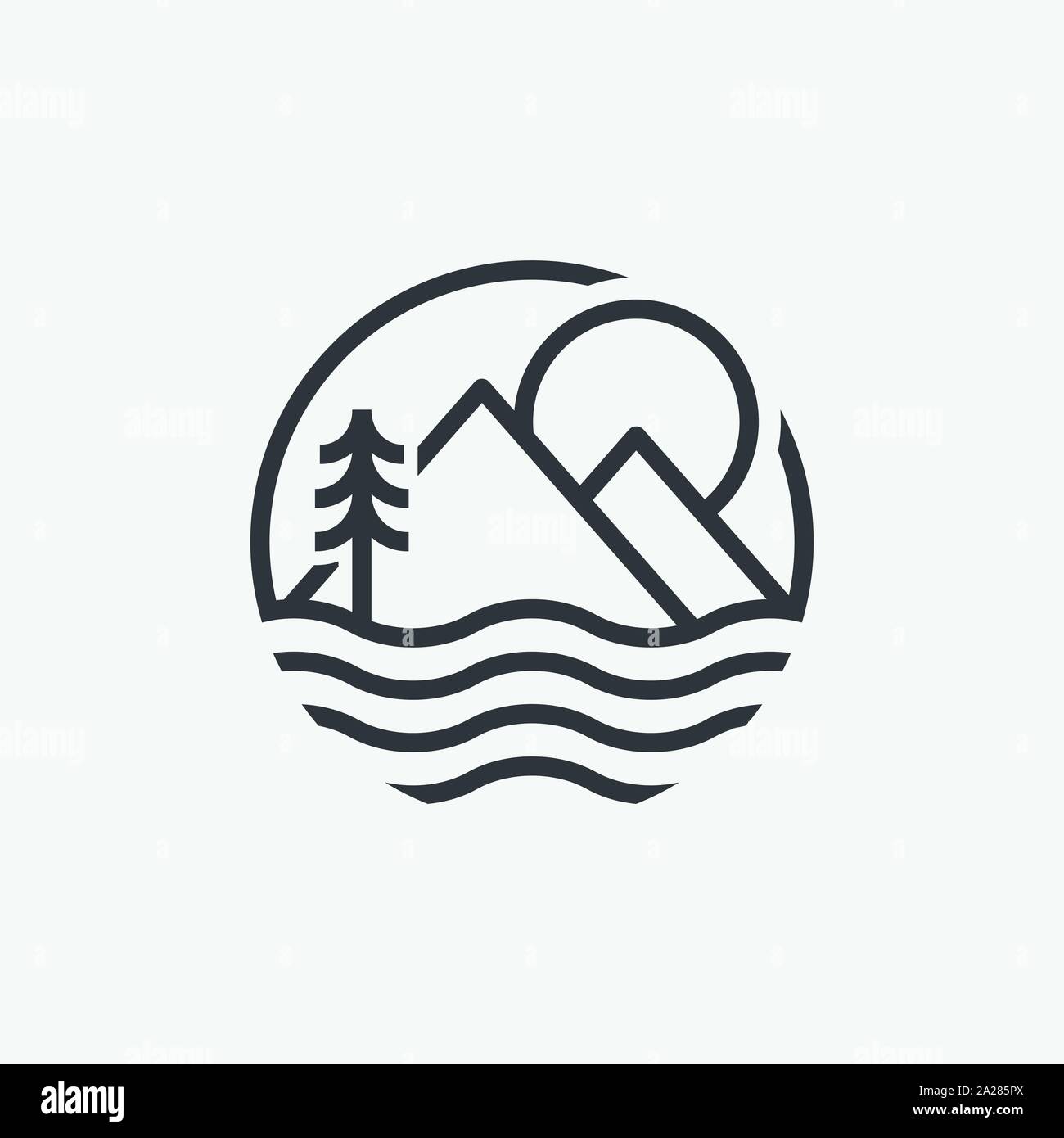 Lago logo circolare icona, vita lacustre illustratation, lago icona lineare design, icona di montagna, icona dell'acqua Illustrazione Vettoriale