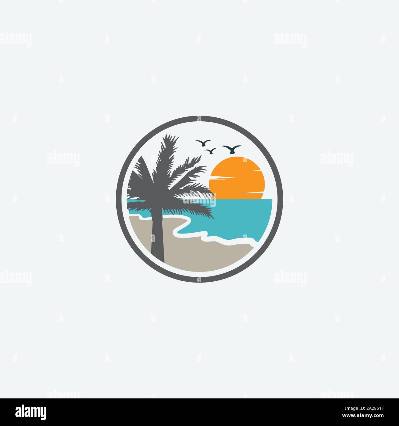 Il logo di spiaggia, spiaggia e isola logo design illustrazione vettoriale di design circolare le icone sulla spiaggia Illustrazione Vettoriale
