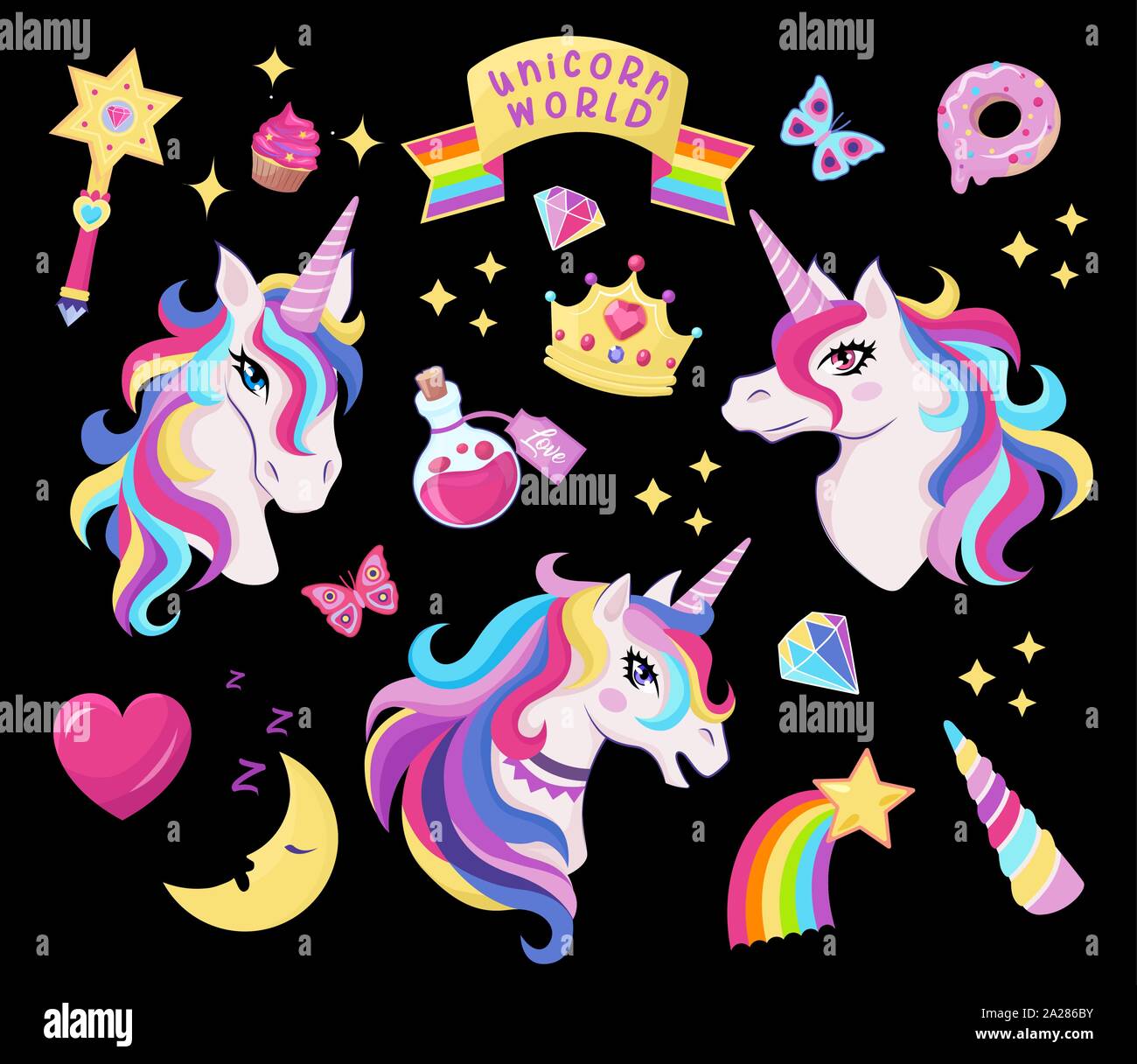 Magic icona Unicorn impostato con la bacchetta magica, stelle di arcobaleno, diamanti, corona, crescent, cuore, butterfly, decor per la ragazza compleanno, vettore Illustrazione Vettoriale