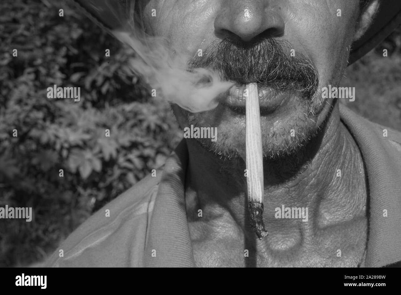 Uomo di campagna fuma sigarette fatte a mano Foto Stock