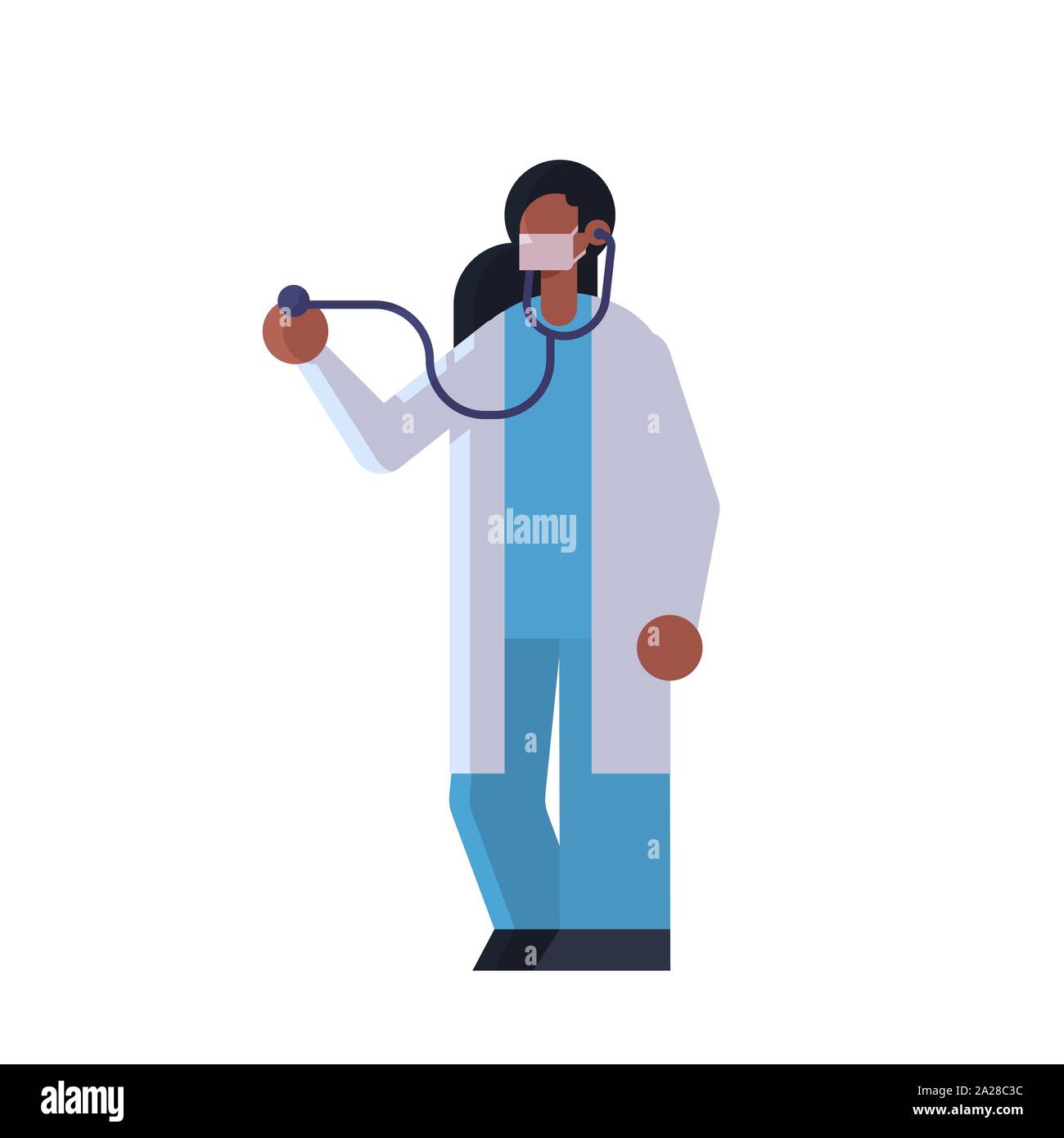 Donne medico cardiologo esame paziente con uno stetoscopio medicina concetto sanitario ospedale clinica medica lavoratore in maschera e mantello bianco pieno Illustrazione Vettoriale