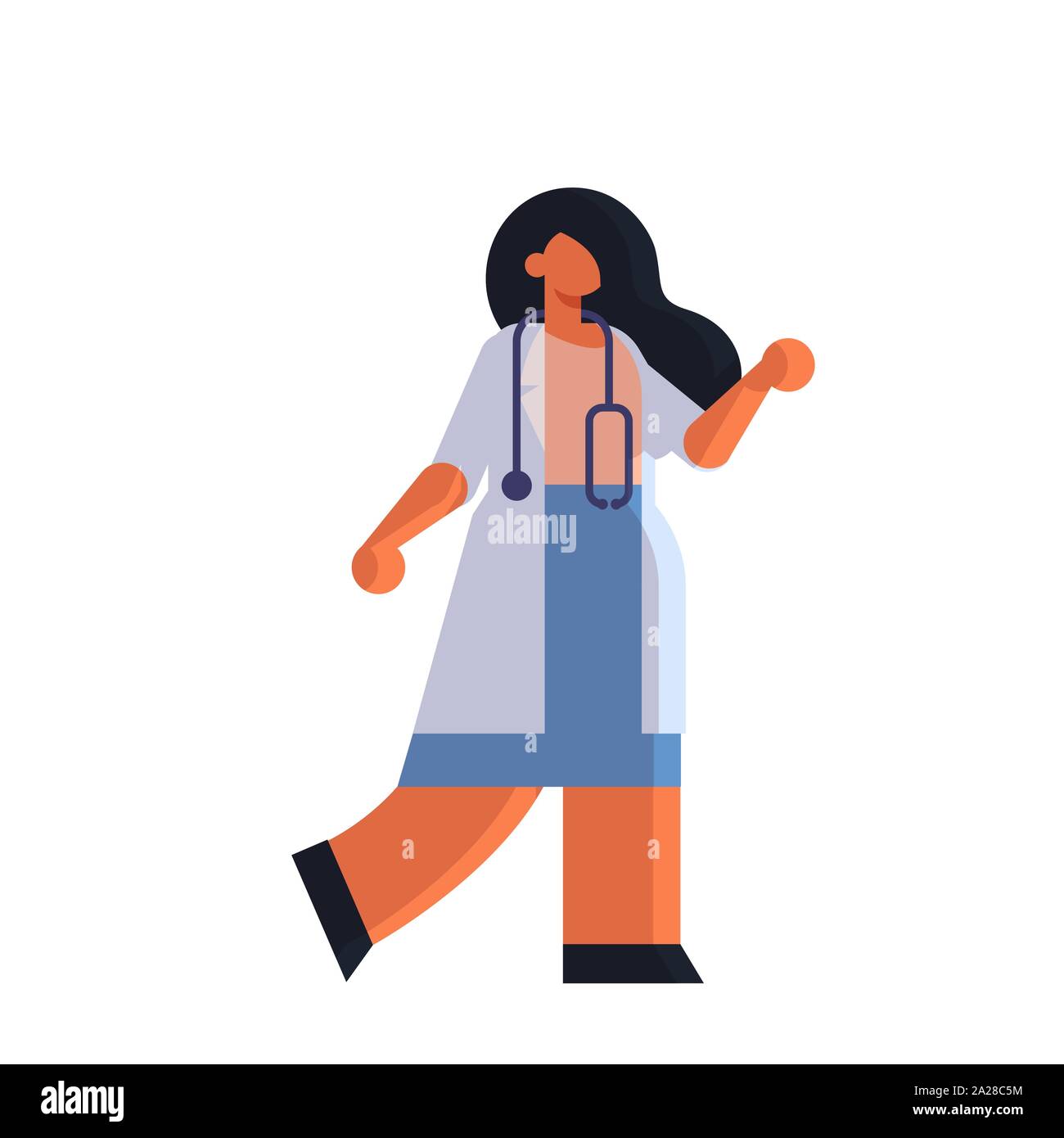 Medico donna in camice bianco posa permanente della medicina il concetto di assistenza sanitaria ospedale clinica medica lavoratore con uno stetoscopio a lunghezza piena sfondo bianco Illustrazione Vettoriale