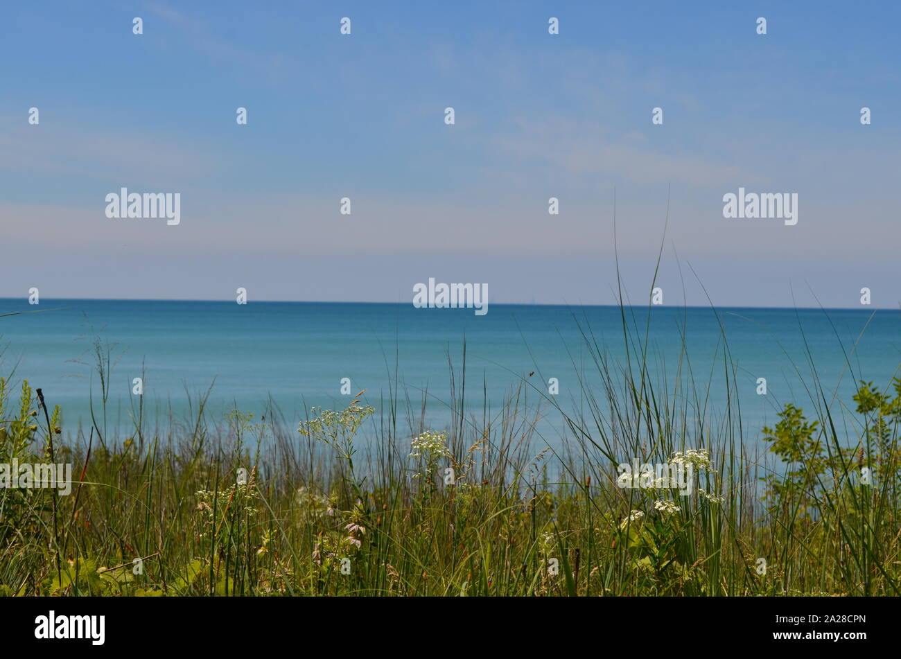 Estate in Indiana: Lago Michigan Shoreline lungo l'Indiana Dunes National Park con Chicago Skyline in lontananza Foto Stock