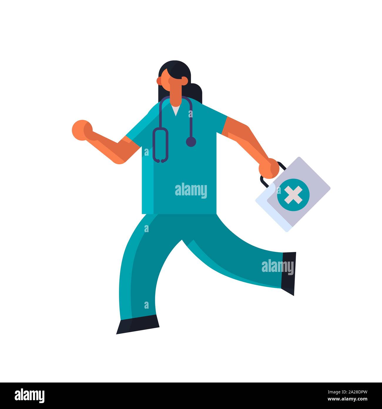 Medico donna con kit di primo soccorso in esecuzione per aiutare la medicina ambulanza sanitaria concetto donna clinica medica lavoratore con uno stetoscopio in pieno uniforme Illustrazione Vettoriale