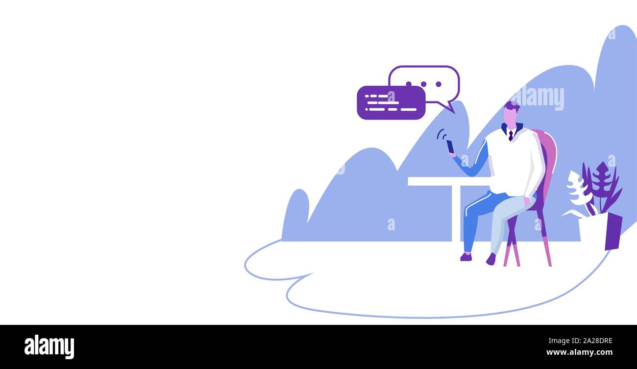 Imprenditore seduti al posto di lavoro utilizzando lo smartphone applicazione mobile business man chat bubble concetto di comunicazione schizzo a piena lunghezza orizzontale Illustrazione Vettoriale