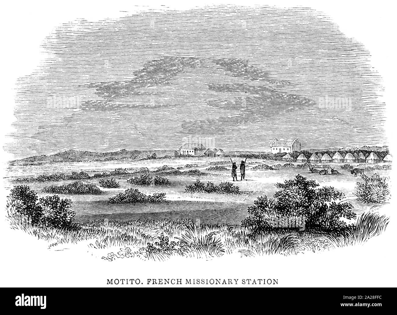 Una illustrazione di Motito, Francese stazione missionaria in Sud Africa scansionati ad alta risoluzione da un libro di Robert Moffat stampato in 1842. Foto Stock