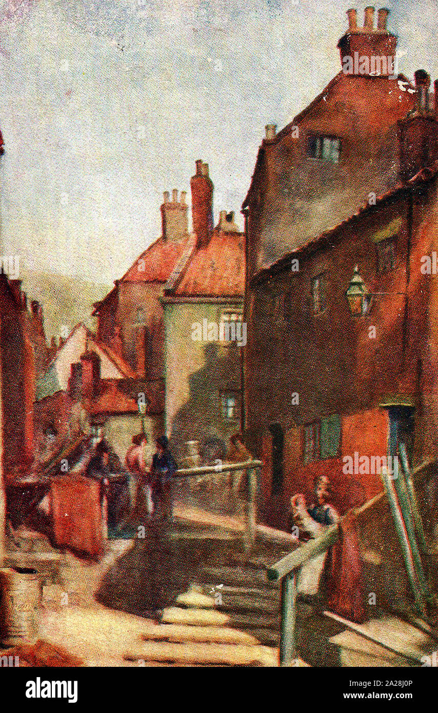 Una vecchia cartolina a colori che mostra la Tate Hill, Whitby, North Yorkshire, Regno Unito come è stato in precedenza volte. con le fasi che conducono alla Tate Hill Pier e sabbie Foto Stock
