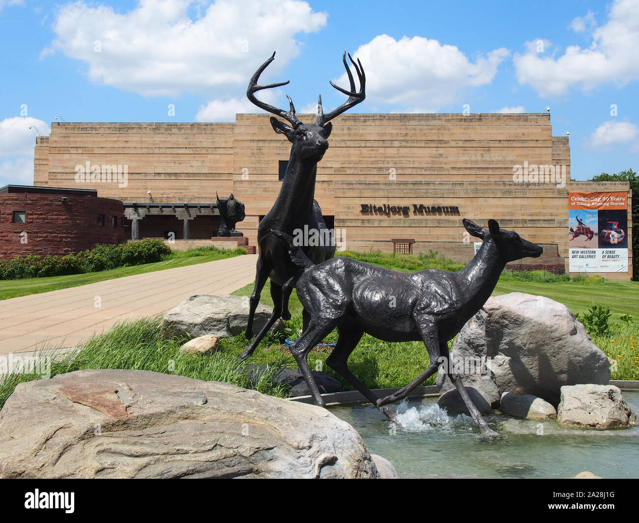 Culbianco Cervo scultura in bronzo di Richard & Billie Lou fontana di legno all'ingresso del Museo Eiteljorg, Indianapolis, Indiana, USA, luglio 27 Foto Stock