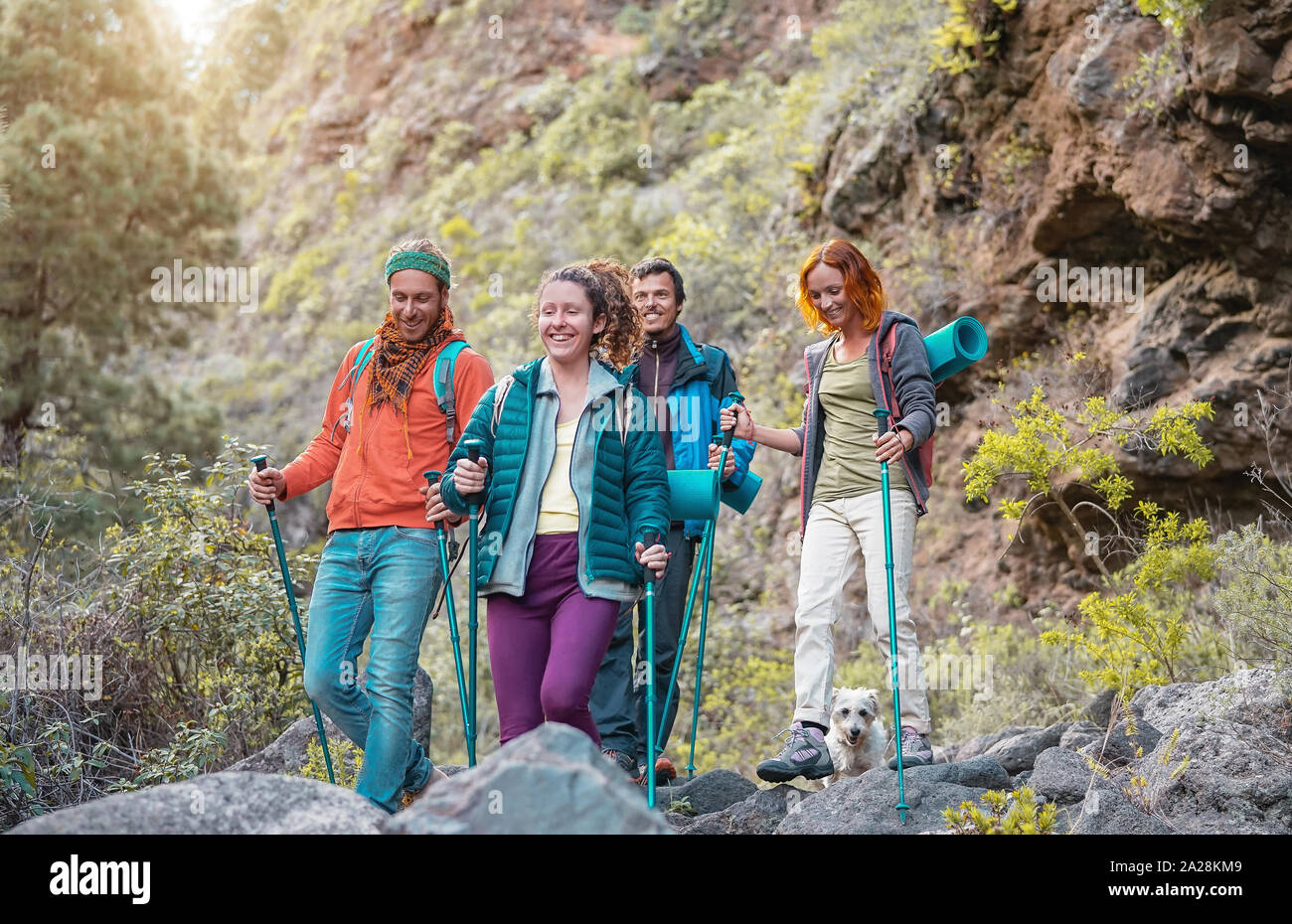 Il gruppo di amici con gli zaini a fare escursioni di trekking in montagna - giovani turisti a piedi ed esplorare la natura selvaggia Foto Stock