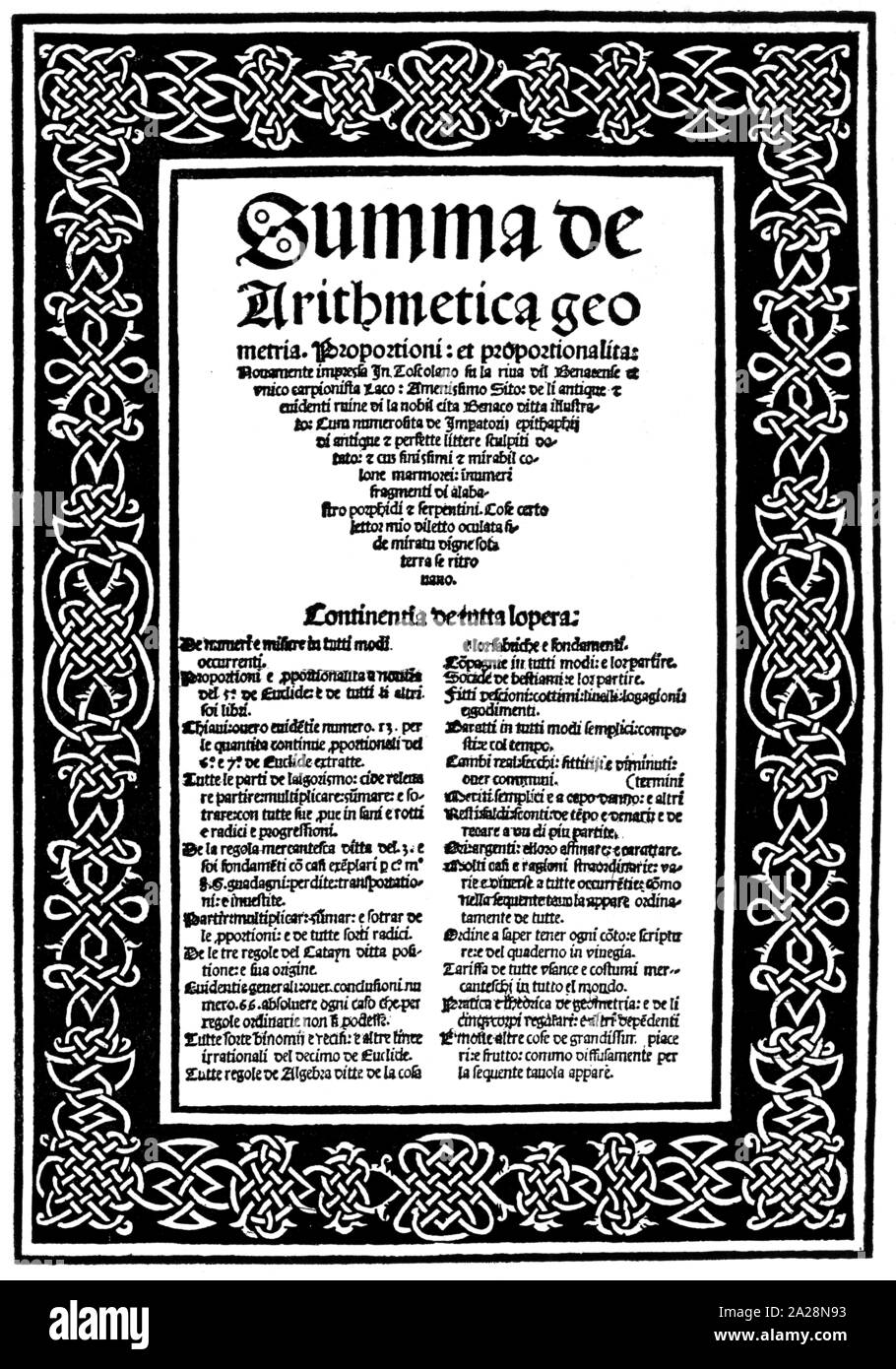 Libro italiano coprire Summa de Arithmetica titolo dal XV secolo. Italienischer Buch Titel Arithmetik aus dem 15. Jahrhundert, Rinascimento Foto Stock