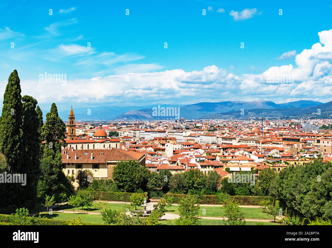 Vista della città dal giardino di Boboli di Firenze, Toscana, Italia. Foto Stock