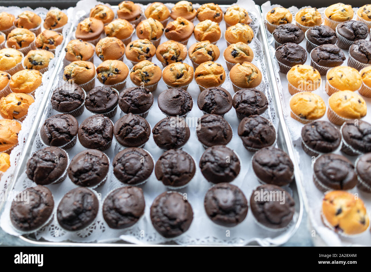 Il cibo. Ein Blech mit dunklen (schoko) und hellen muffin. Foto Stock