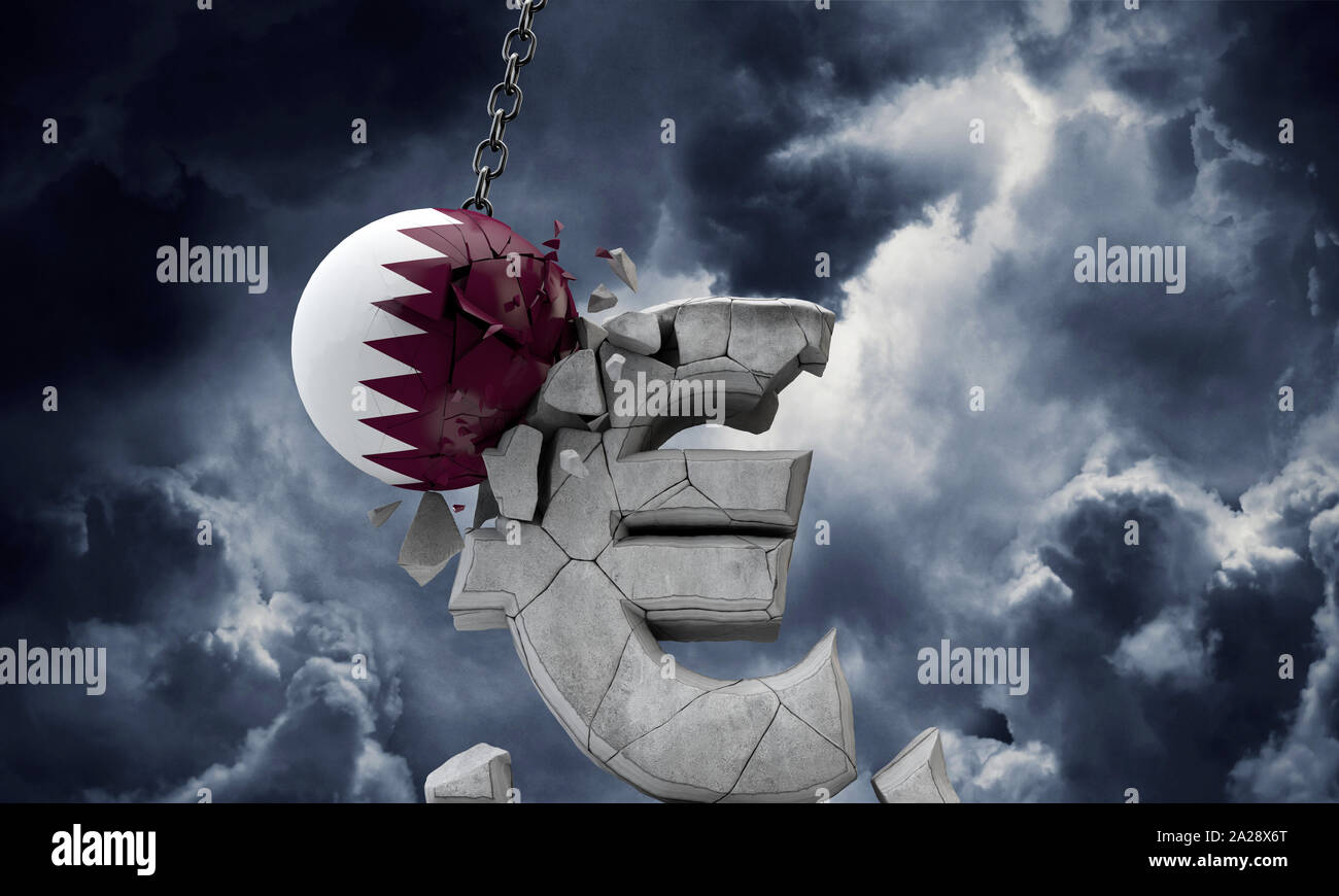 Bandiera del Qatar ball smashing un simbolo della valuta europea Euro. 3D Render Foto Stock