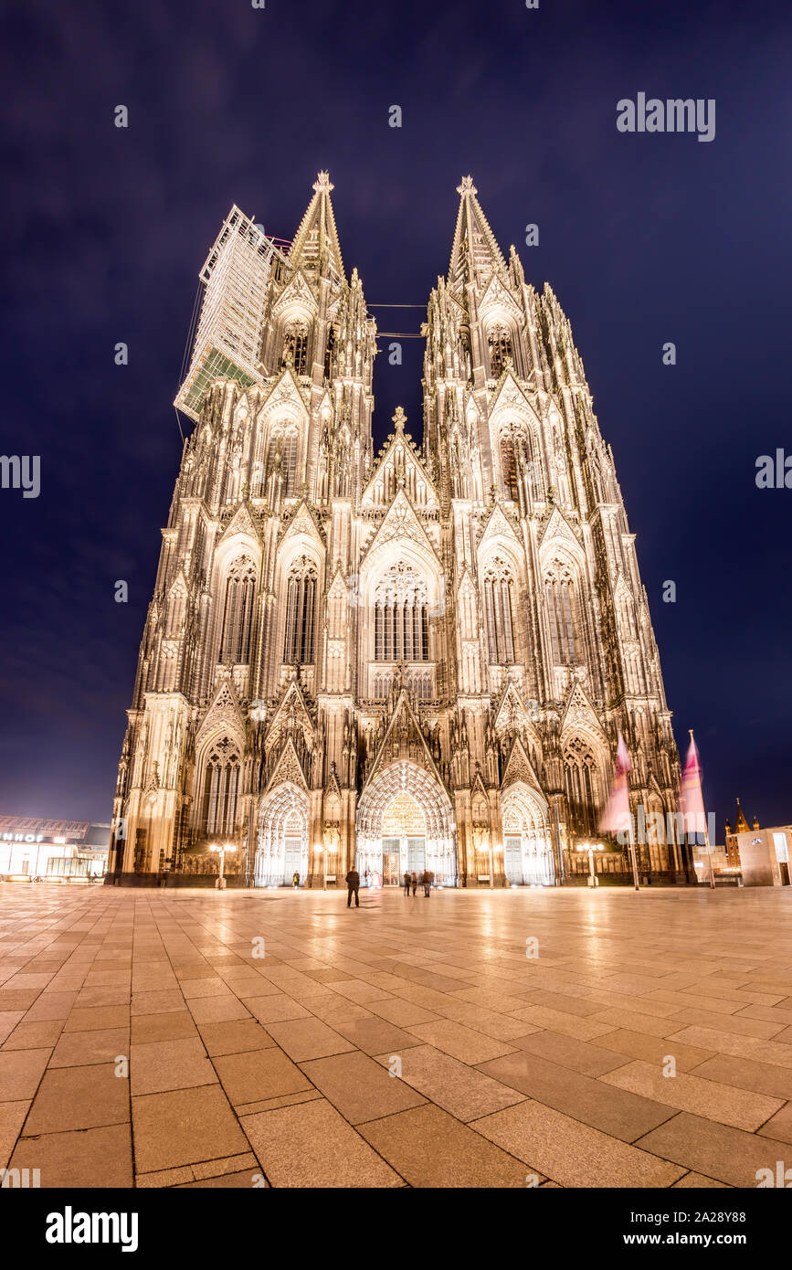 Punto di riferimento in Germania, illuminato il duomo di Colonia di notte Foto Stock
