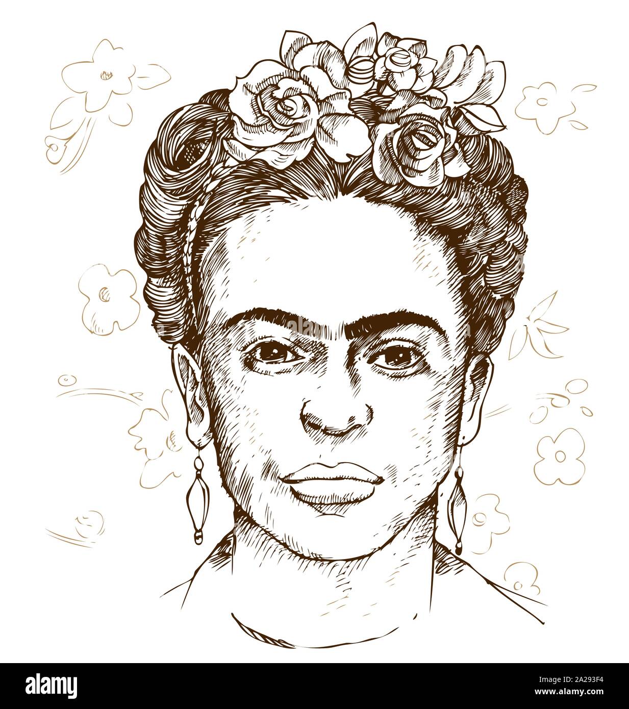 Disegnata a mano ritratto di Frida kahloi. illustrazione Illustrazione Vettoriale