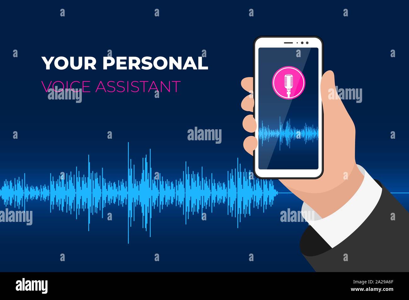 Assistente personale e app per dispositivi mobili per il riconoscimento vocale. Tenere lo smartphone con il pulsante del microfono sullo schermo e la forma d'onda del suono vocale. Illustrazione vettoriale della tecnologia intelligente Sound WAVE Illustrazione Vettoriale