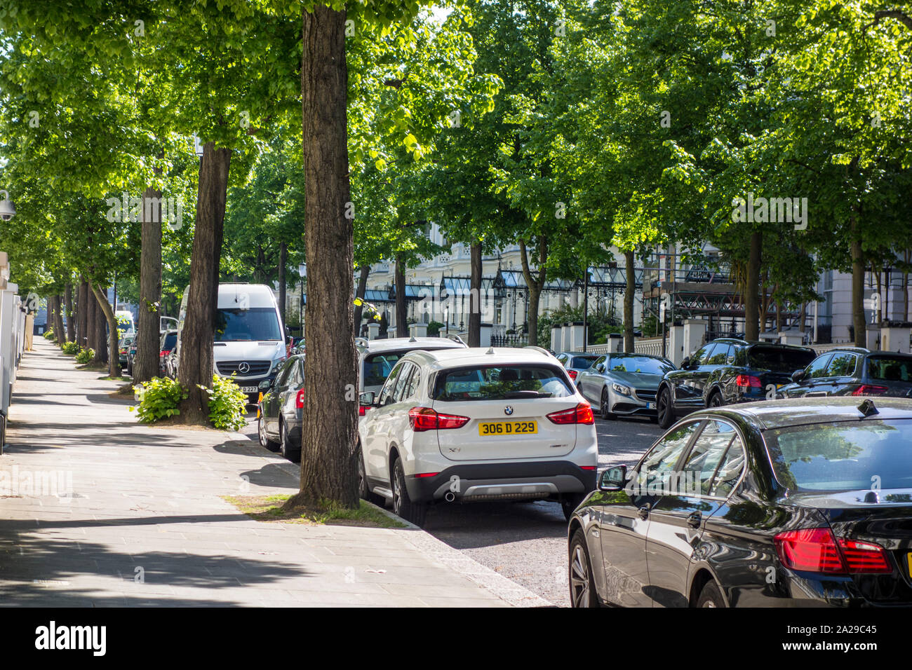 Auto parcheggiata su una strada alberata, Holland Park, Royal Borough di Kensington e Chelsea, London, Regno Unito Foto Stock