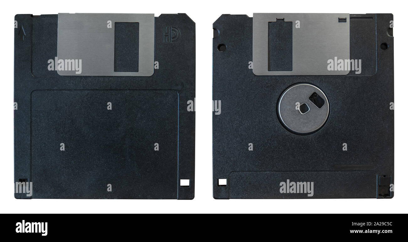 Il fronte e il retro di un vecchio computer Floppy Disk su sfondo bianco Foto Stock