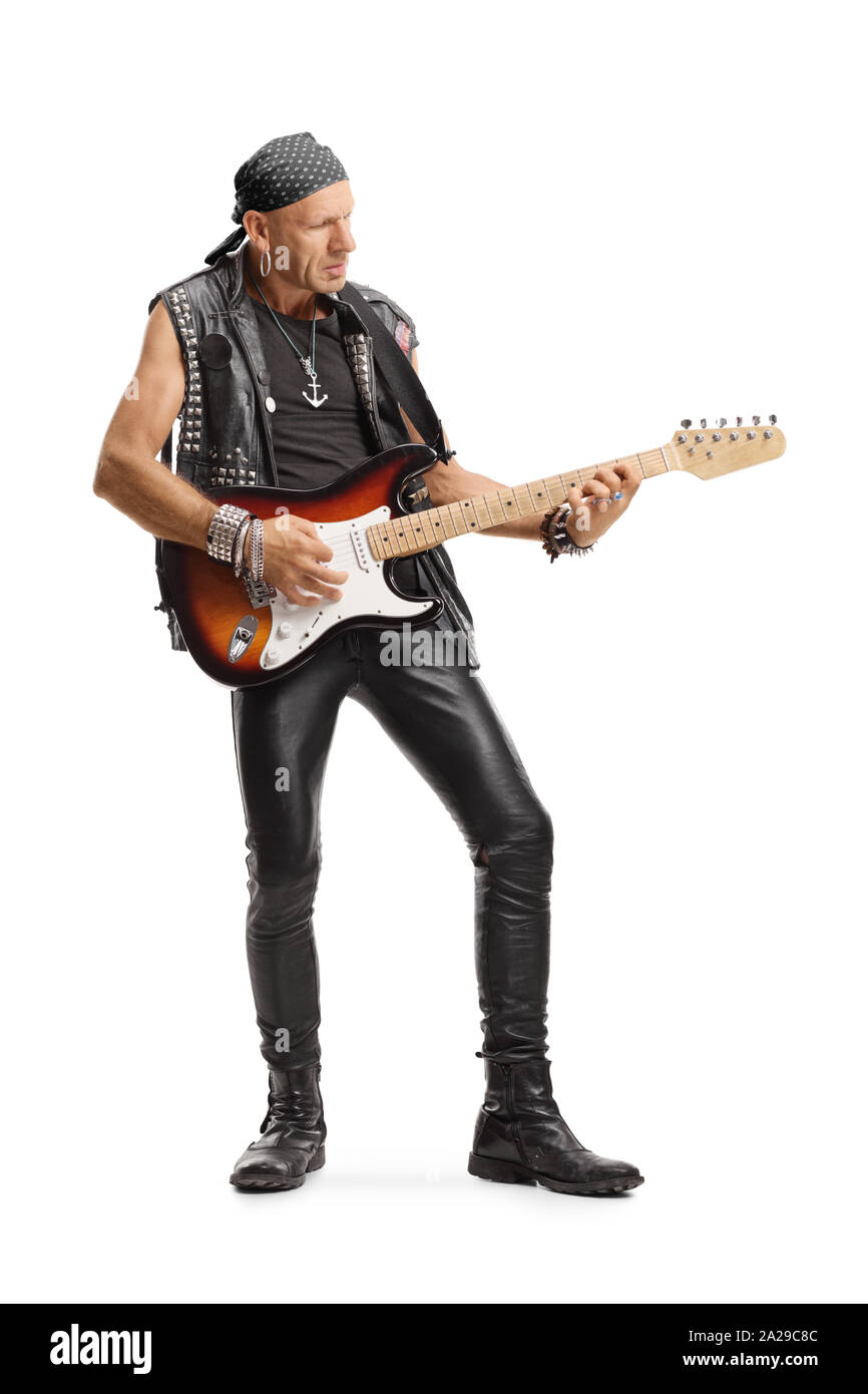 A piena lunghezza Ritratto di un uomo calvo rock star di suonare una chitarra isolato su sfondo bianco Foto Stock