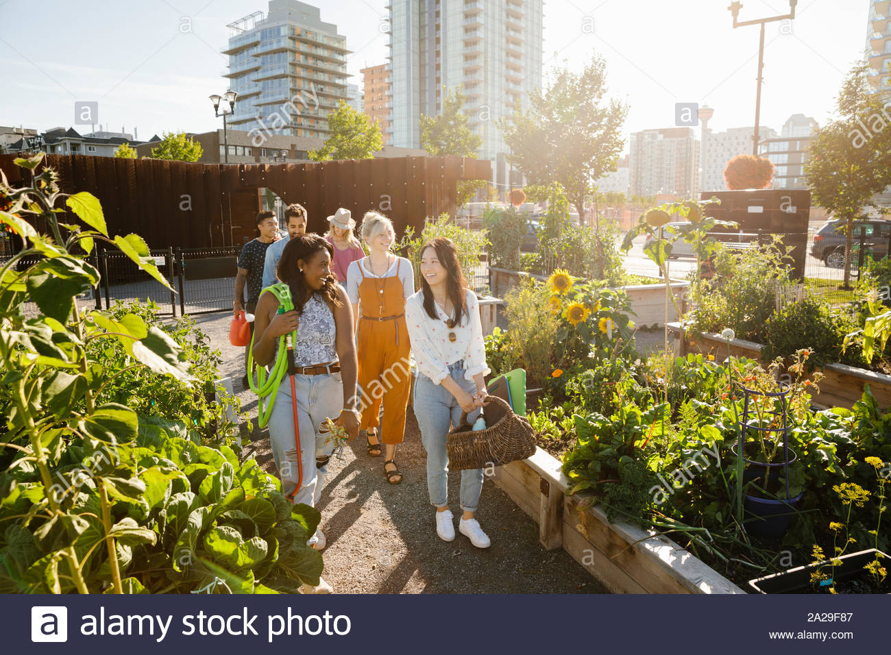 Giovani amici adulti nella soleggiata, urban comunità giardino Foto Stock