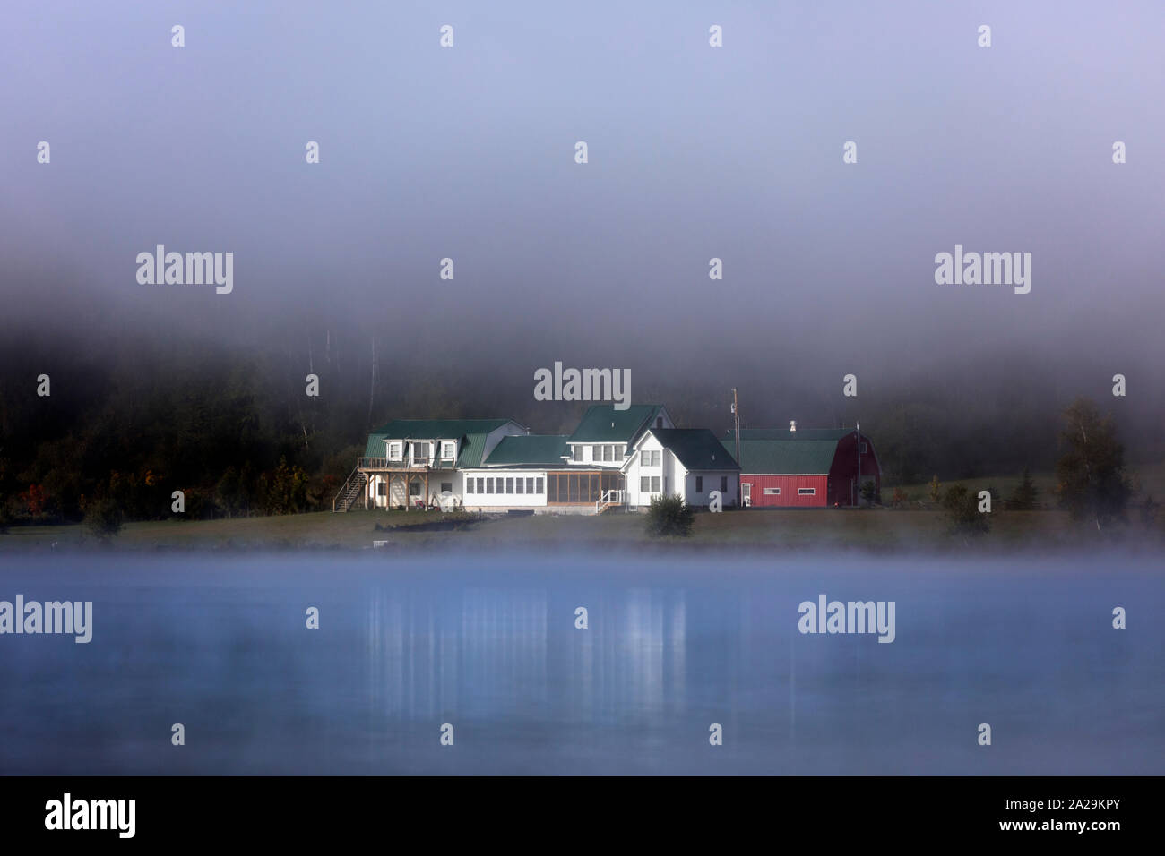 Agriturismo nebbia mattutina ancora il lago di New Scenic 5 posti, Vermont, New England Foto Stock