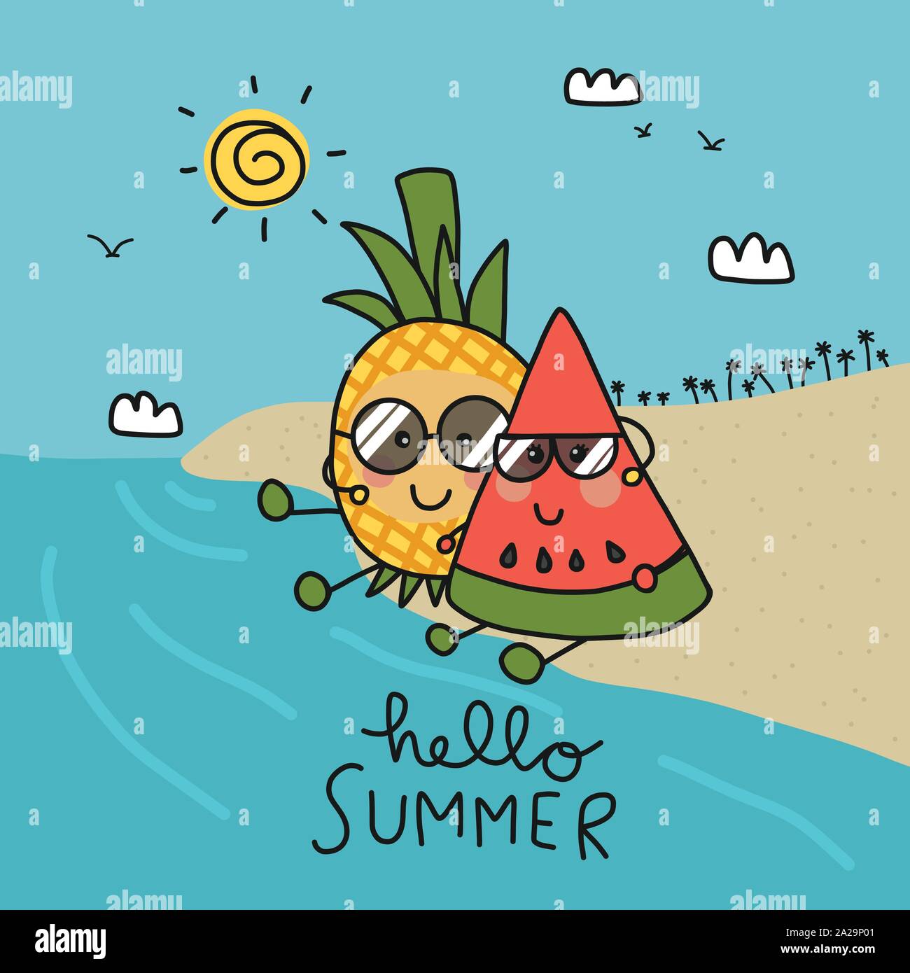 Cocomero e la coppia di frutta di ananas abbracciano il vettore cartoon spiaggia illustrazione stile doodle Illustrazione Vettoriale