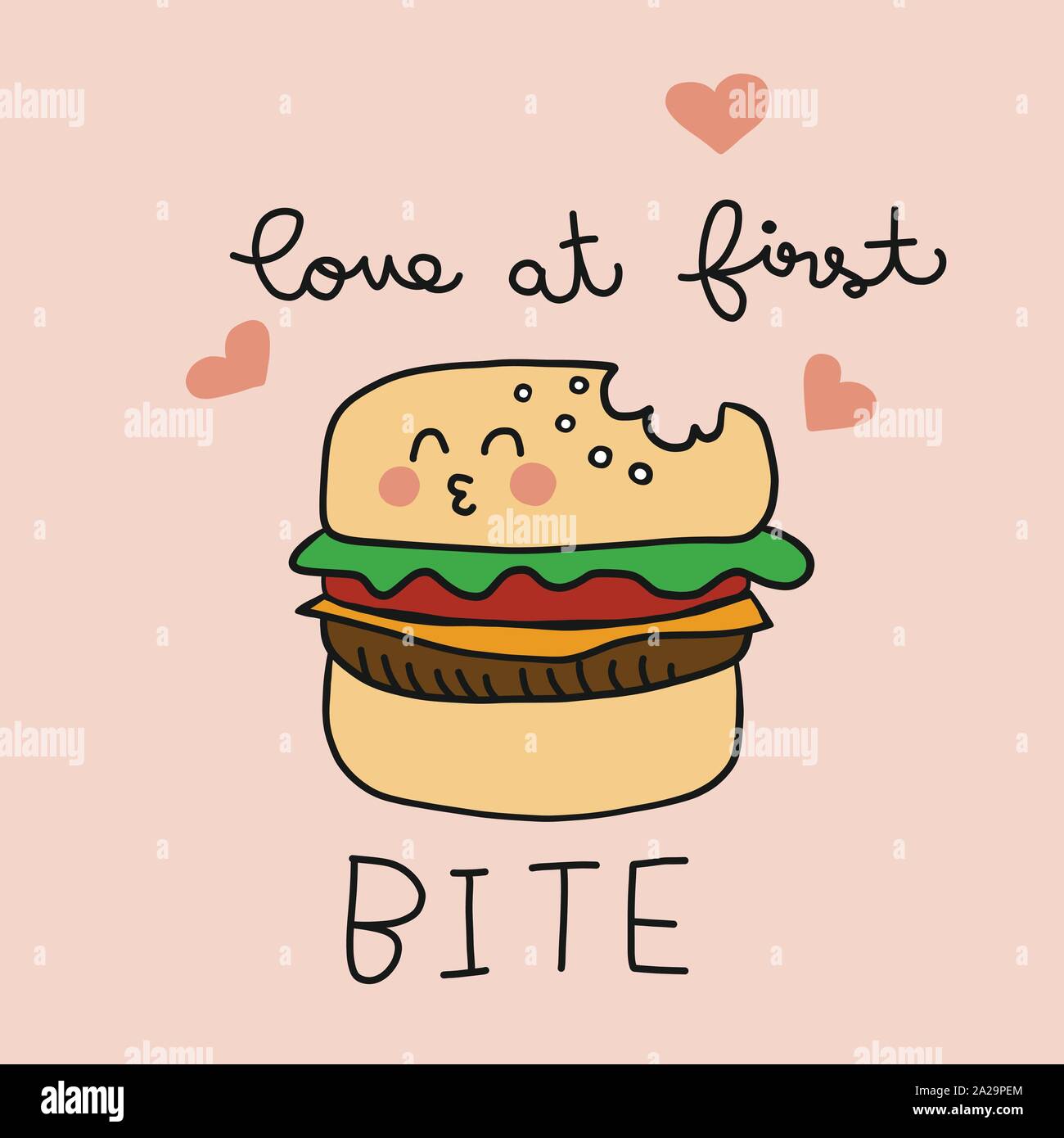 Amore al primo boccone carino hamburger cartoon illustrazione vettore doodle stile Illustrazione Vettoriale