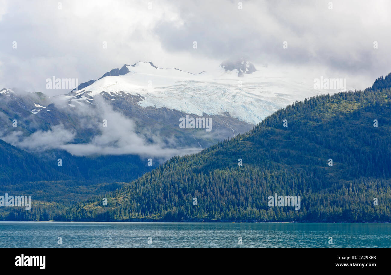 Il ghiaccio e le nuvole in una costiera della foresta di pioggia in Prince William Sound in Alaska Foto Stock