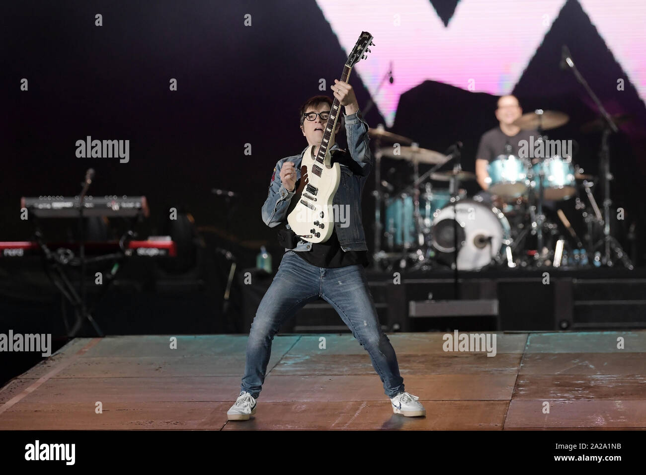 Rio de Janeiro, Brasile, 29 settembre 2019. Il cantante e chitarrista Rivers Cuomo della fascia Weezer durante un concerto al Rock in Rio a Rio de Janeiro. Foto Stock