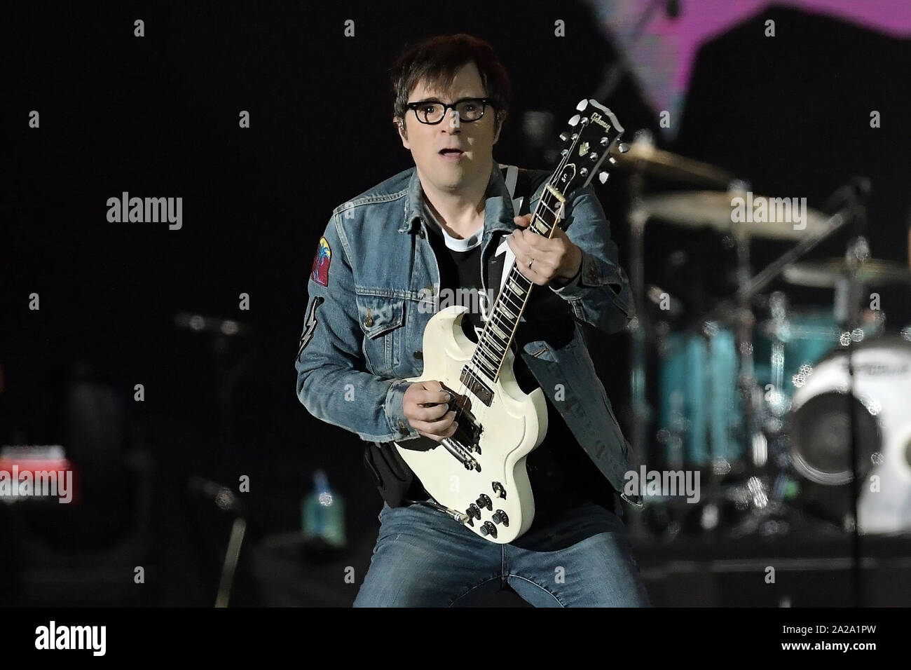 Rio de Janeiro, Brasile, 29 settembre 2019. Il cantante e chitarrista Rivers Cuomo della fascia Weezer durante un concerto al Rock in Rio a Rio de Janeiro. Foto Stock