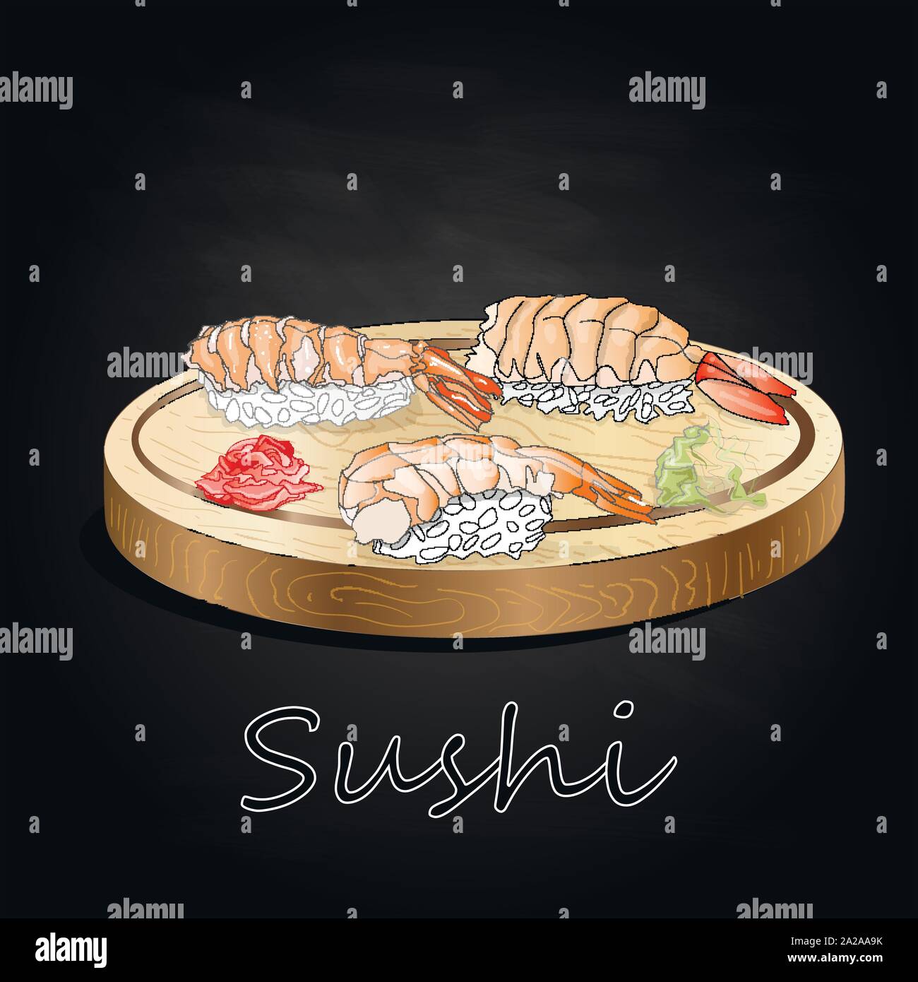 Vari tipi di sushi servita sulla scrivania di legno sfondo nero isolato. Illustrazione Vettoriale