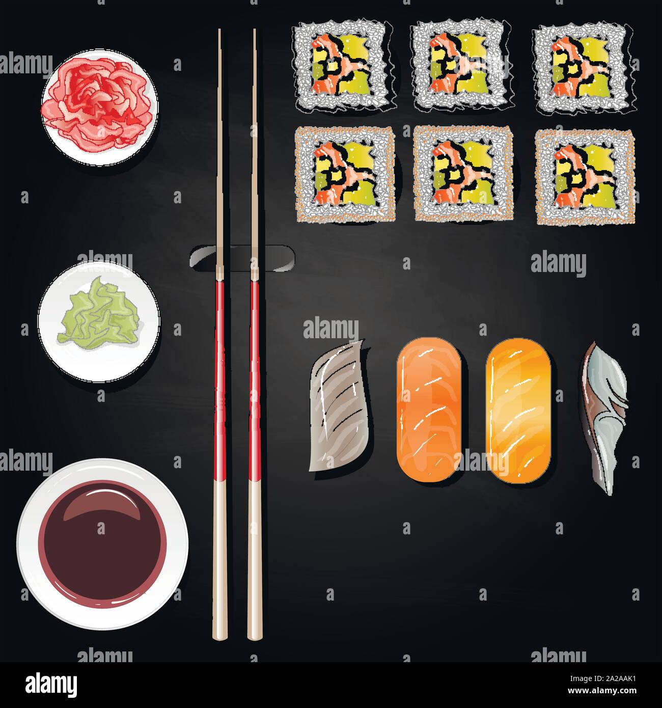 Il nigiri sushi illustrazione su sfondo nero isolato. Vista dall'alto. Illustrazione Vettoriale